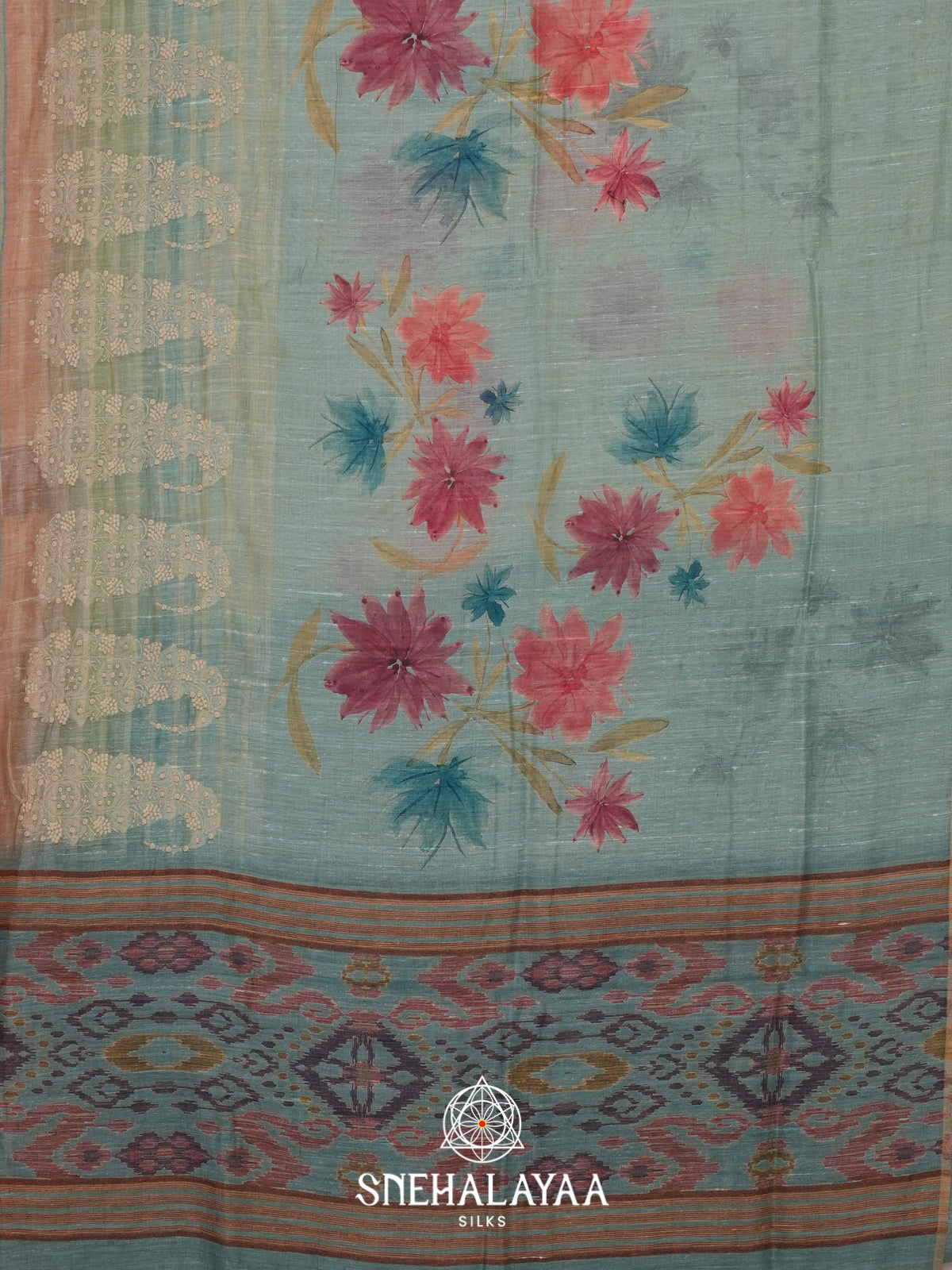 Seafoam Green  Linen Saree