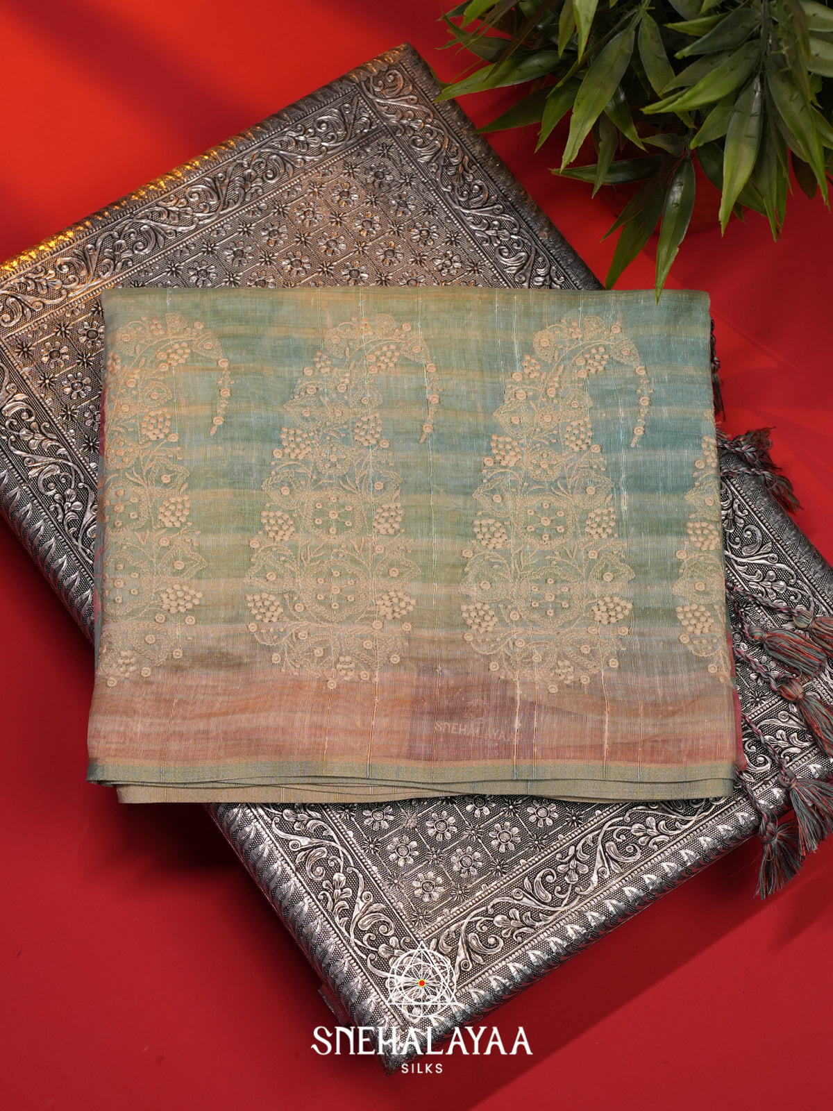 Seafoam Green  Linen Saree