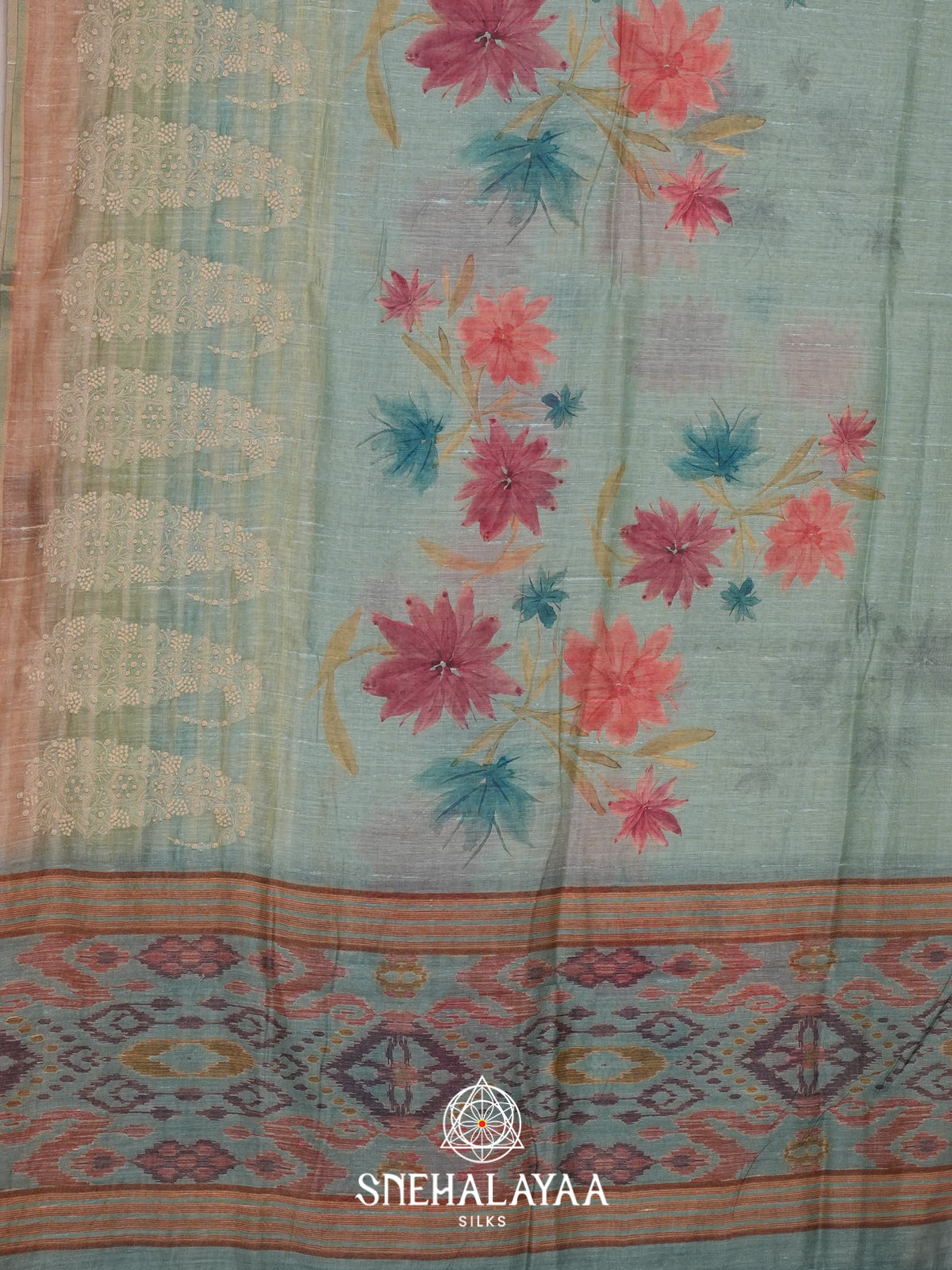 Seafoam Green  Linen Saree