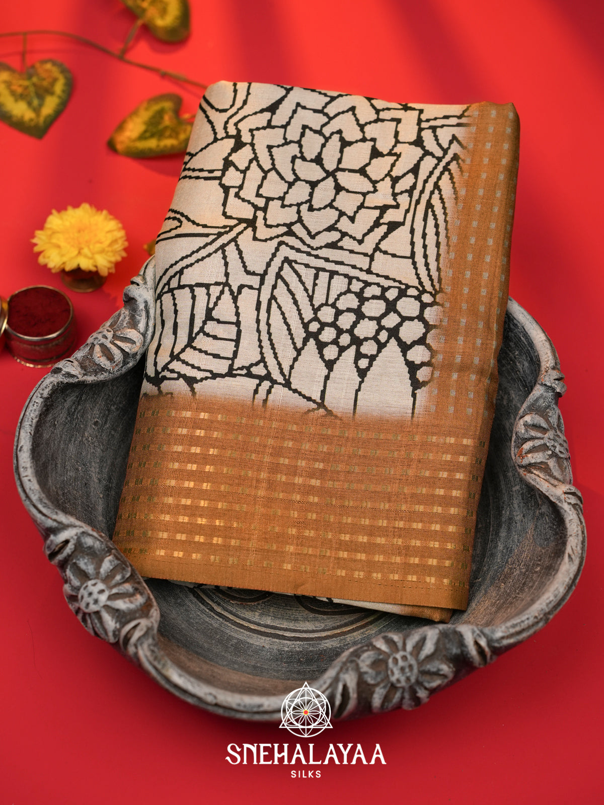 White with Amber Gold  Tussar Saree