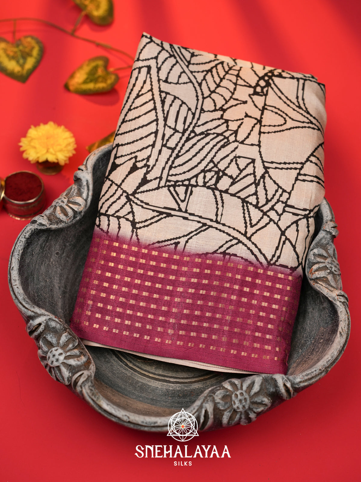White with Magenta  Tussar Saree