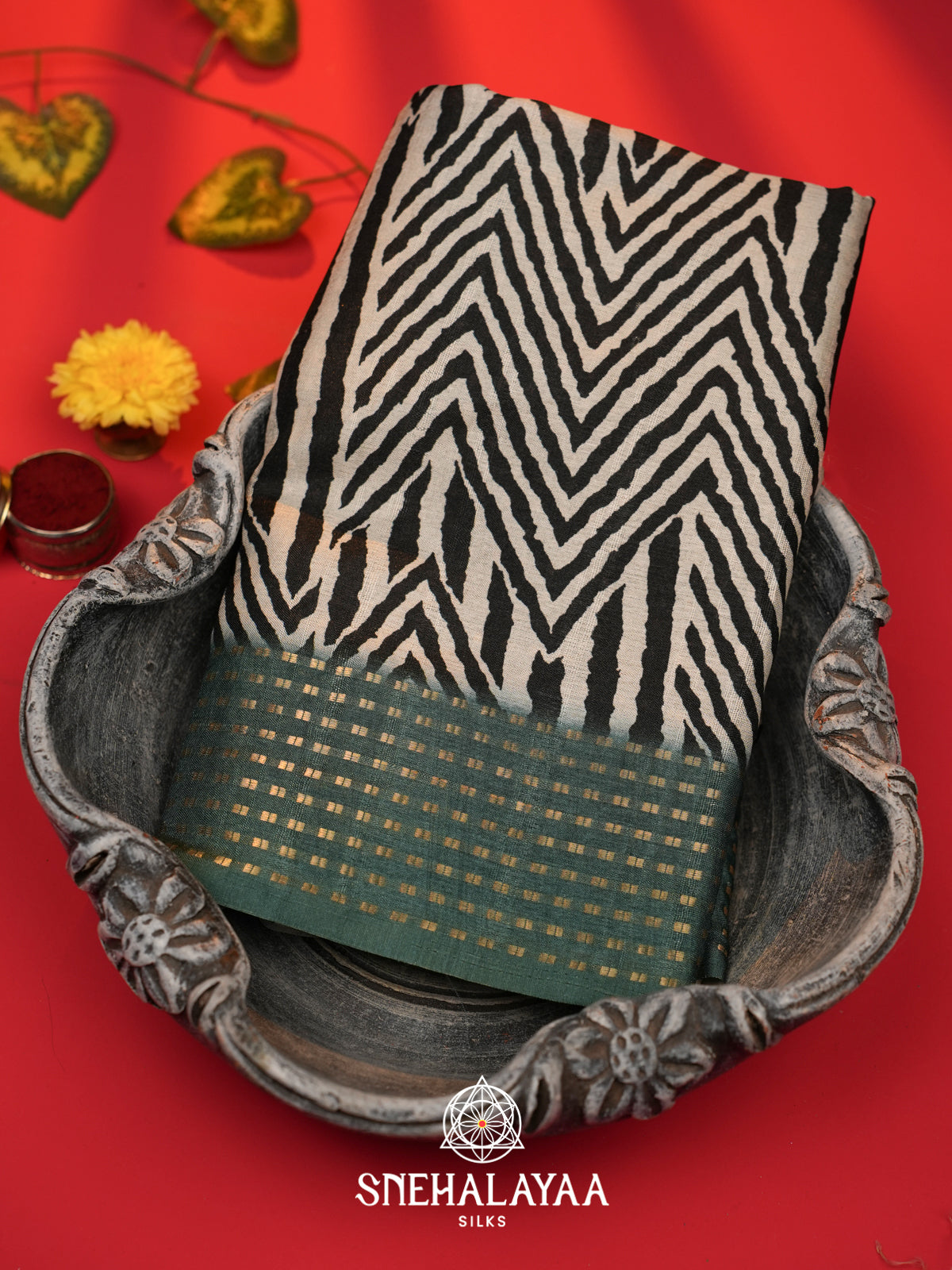 White with Teal Green  Tussar Saree