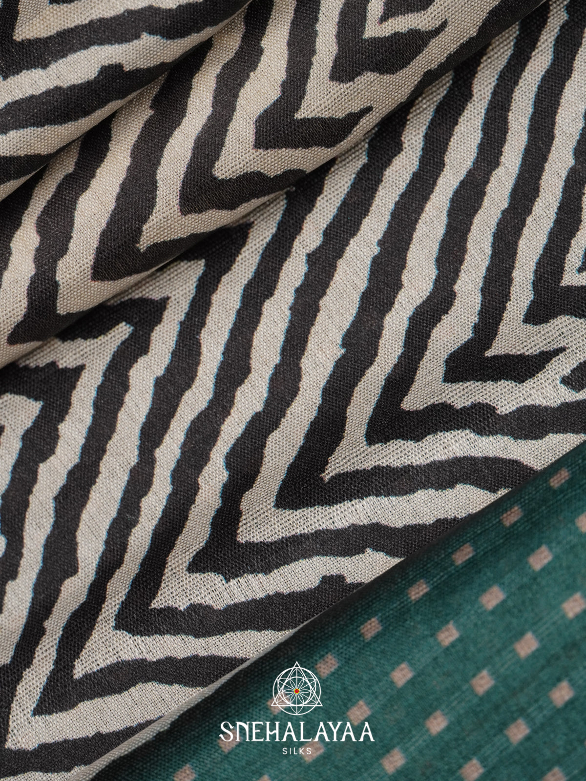 White with Teal Green  Tussar Saree
