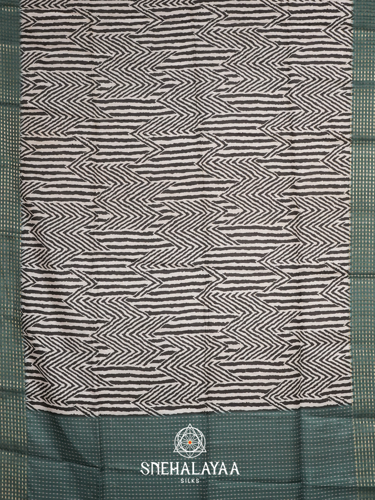 White with Teal Green  Tussar Saree
