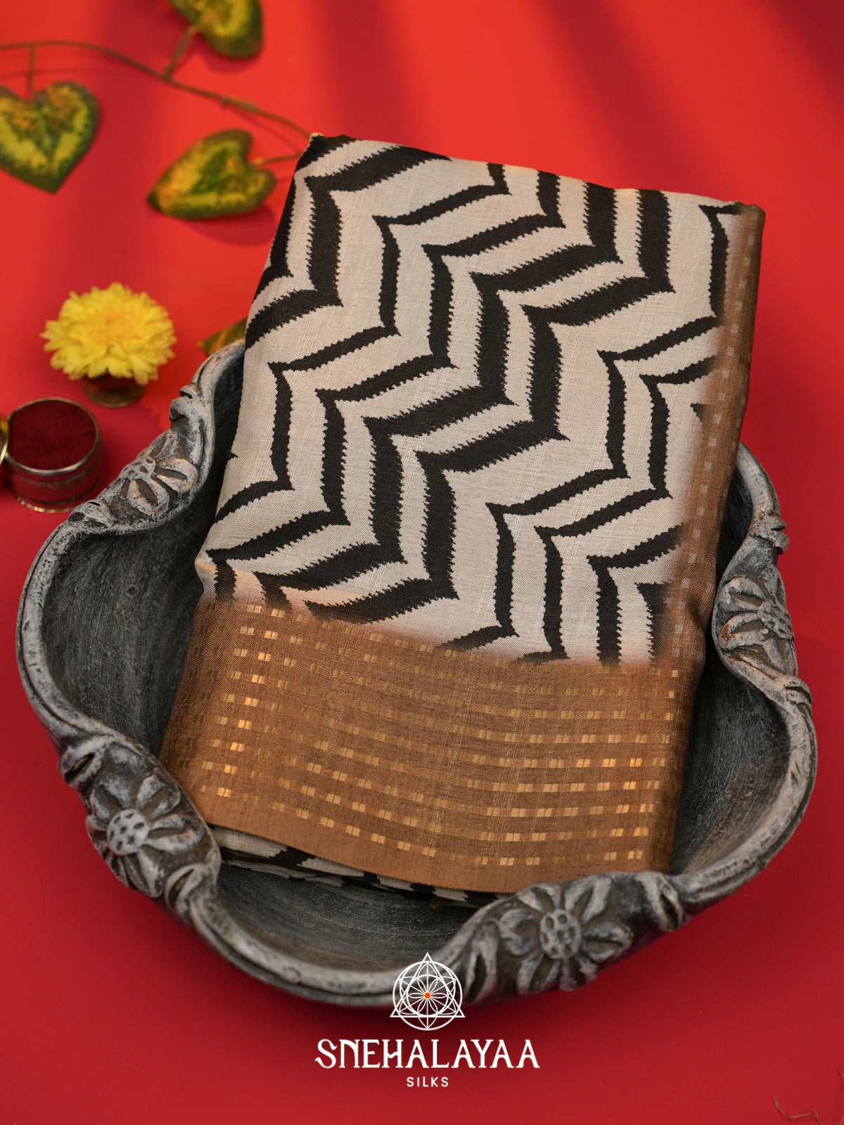 White with Brown  Tussar Saree