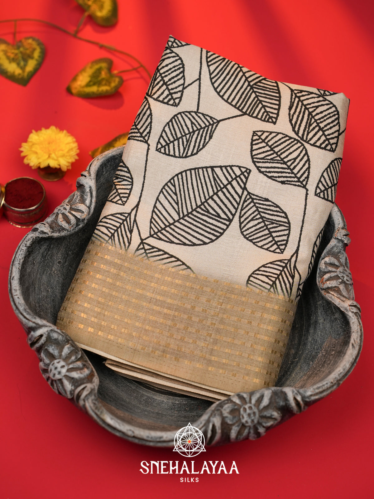 White with Beige  Tussar Saree