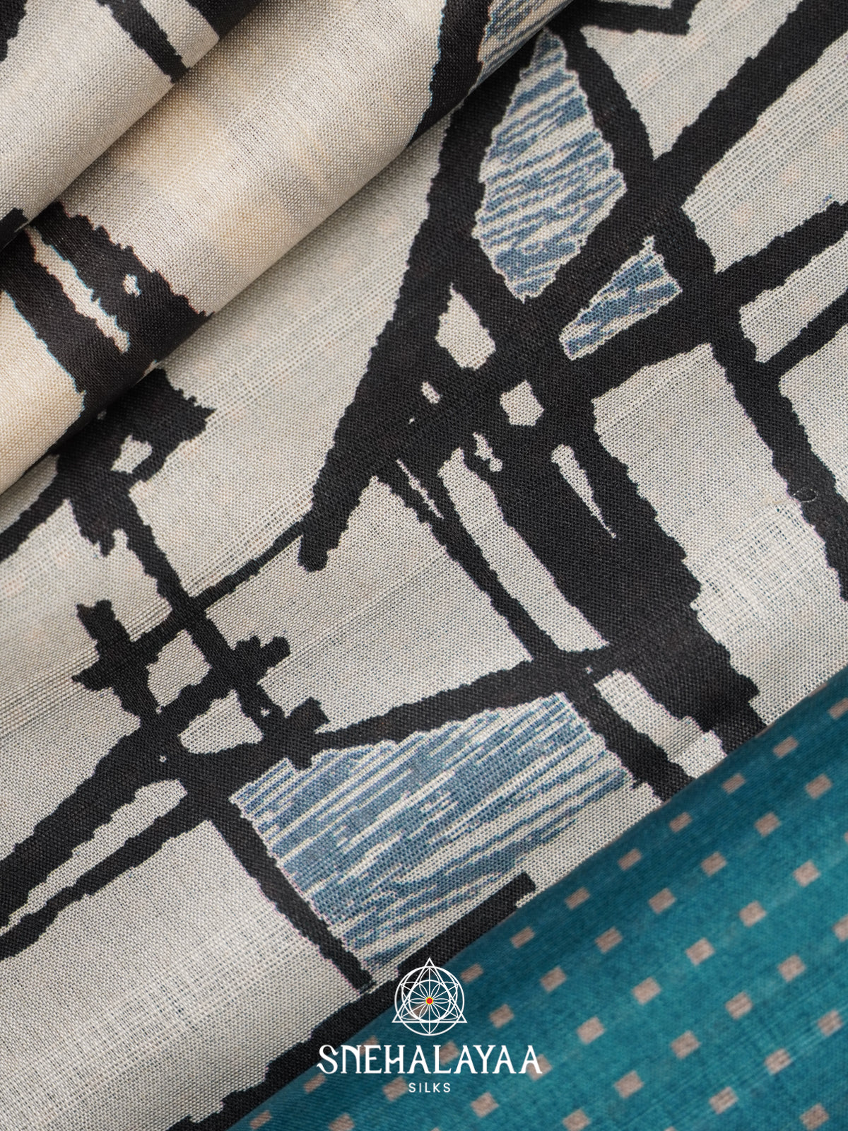 White with Teal Blue  Tussar Saree