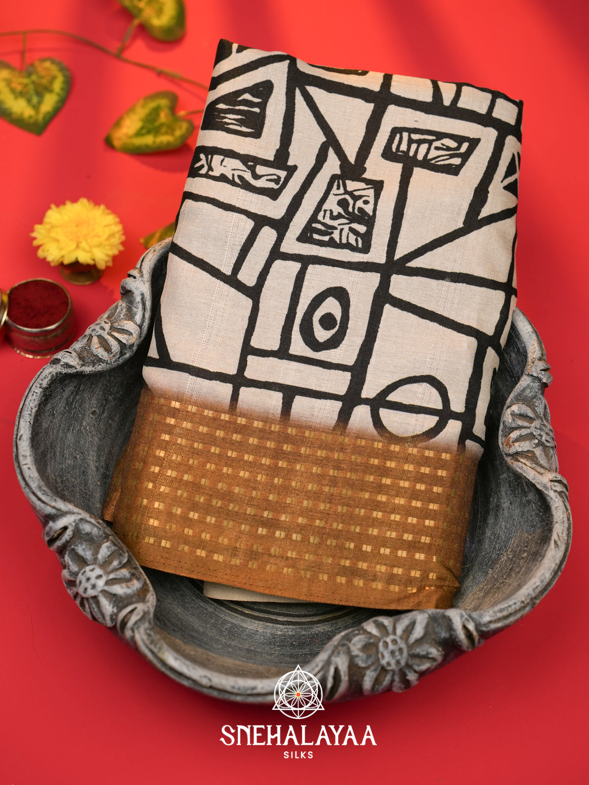 White with Brown  Tussar Saree