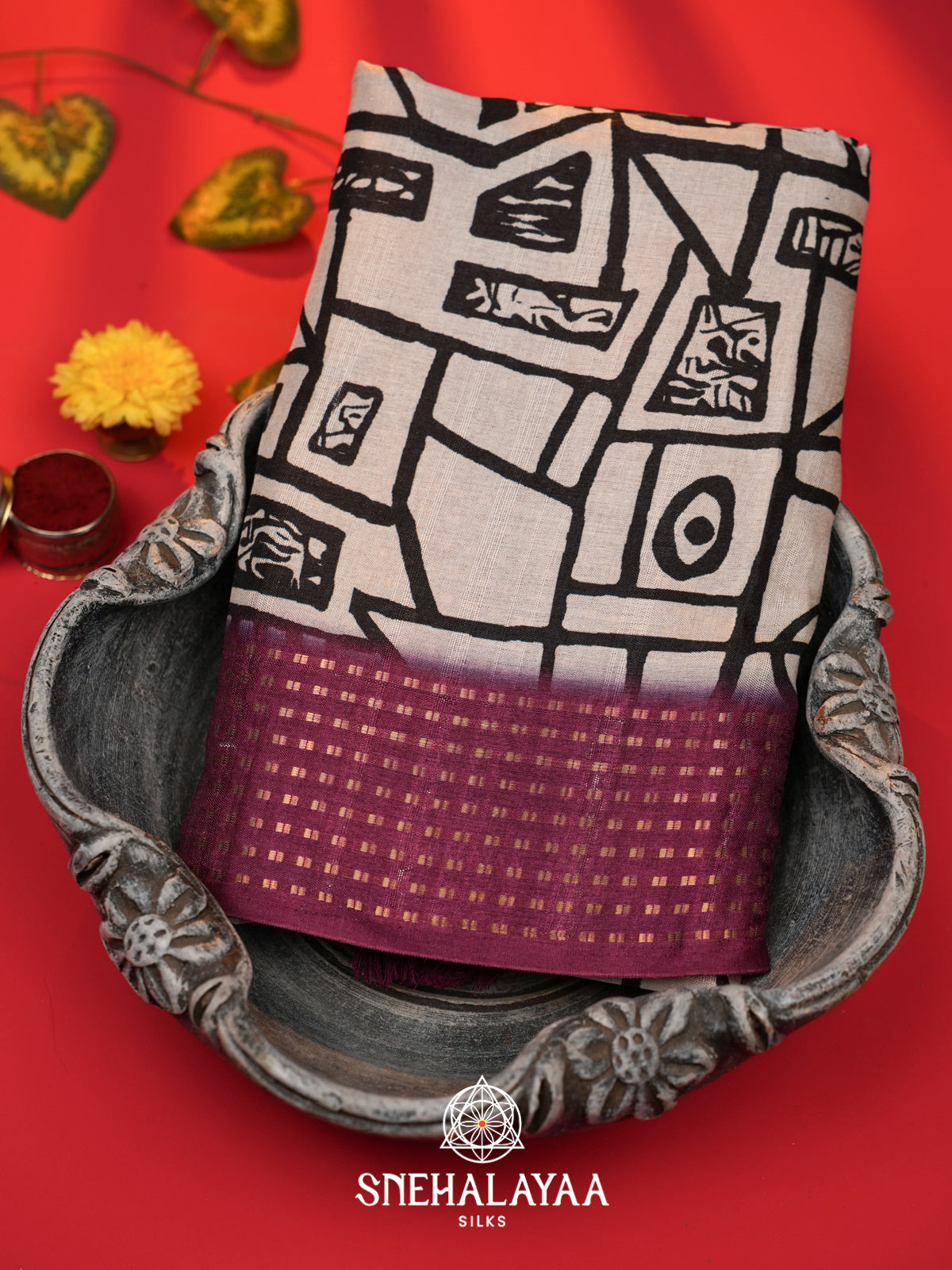 White with Magenta  Tussar Saree