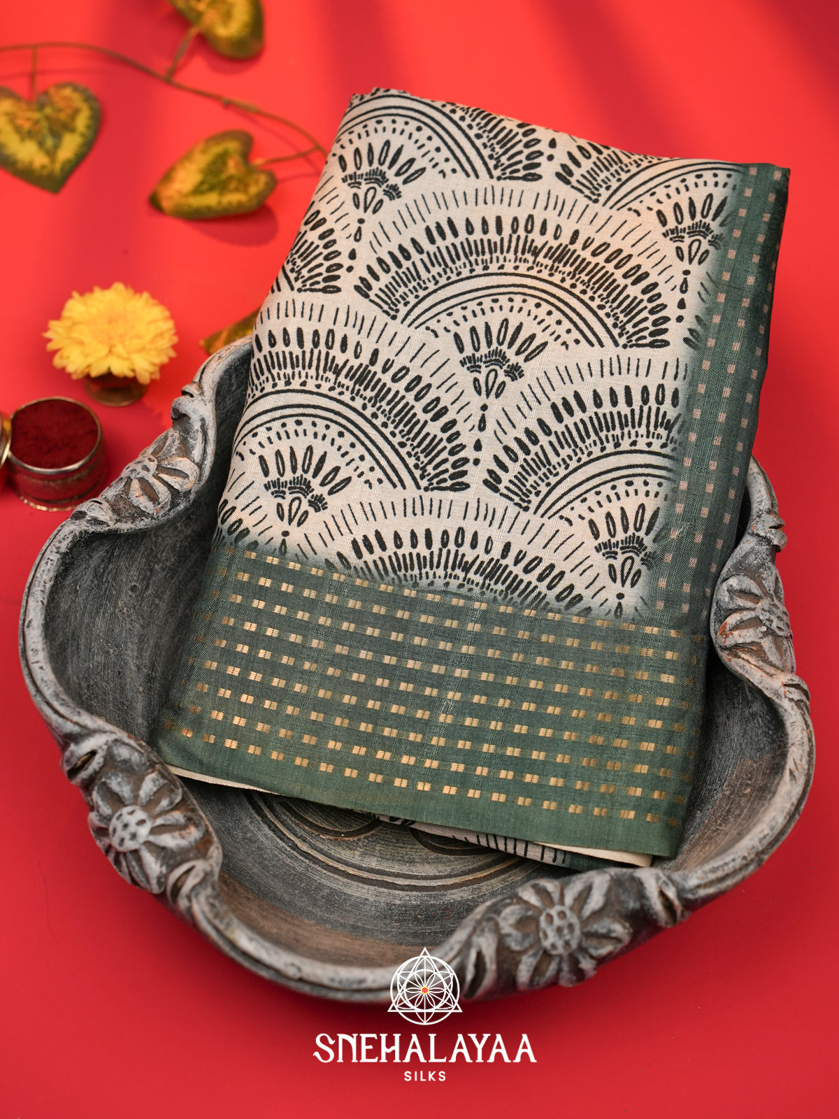 White with Moss Green  Tussar Saree