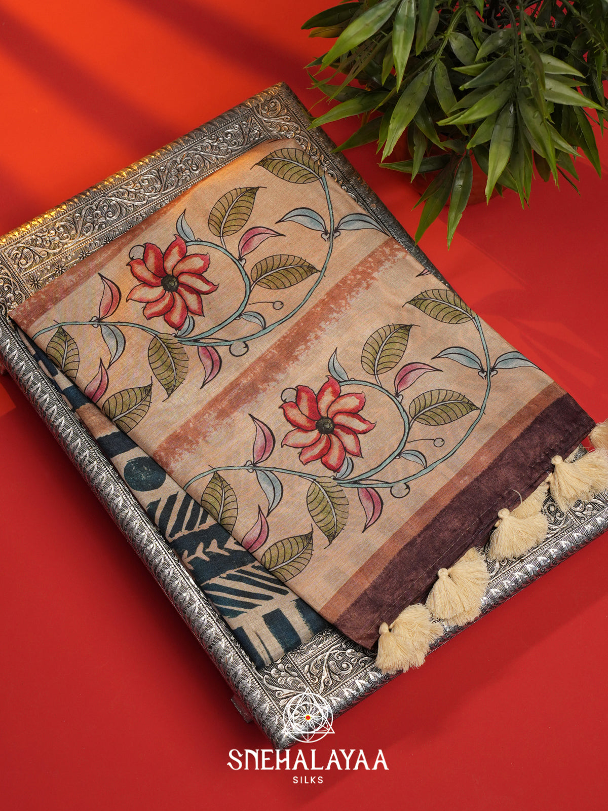 Cream with Blue  Tussar Saree