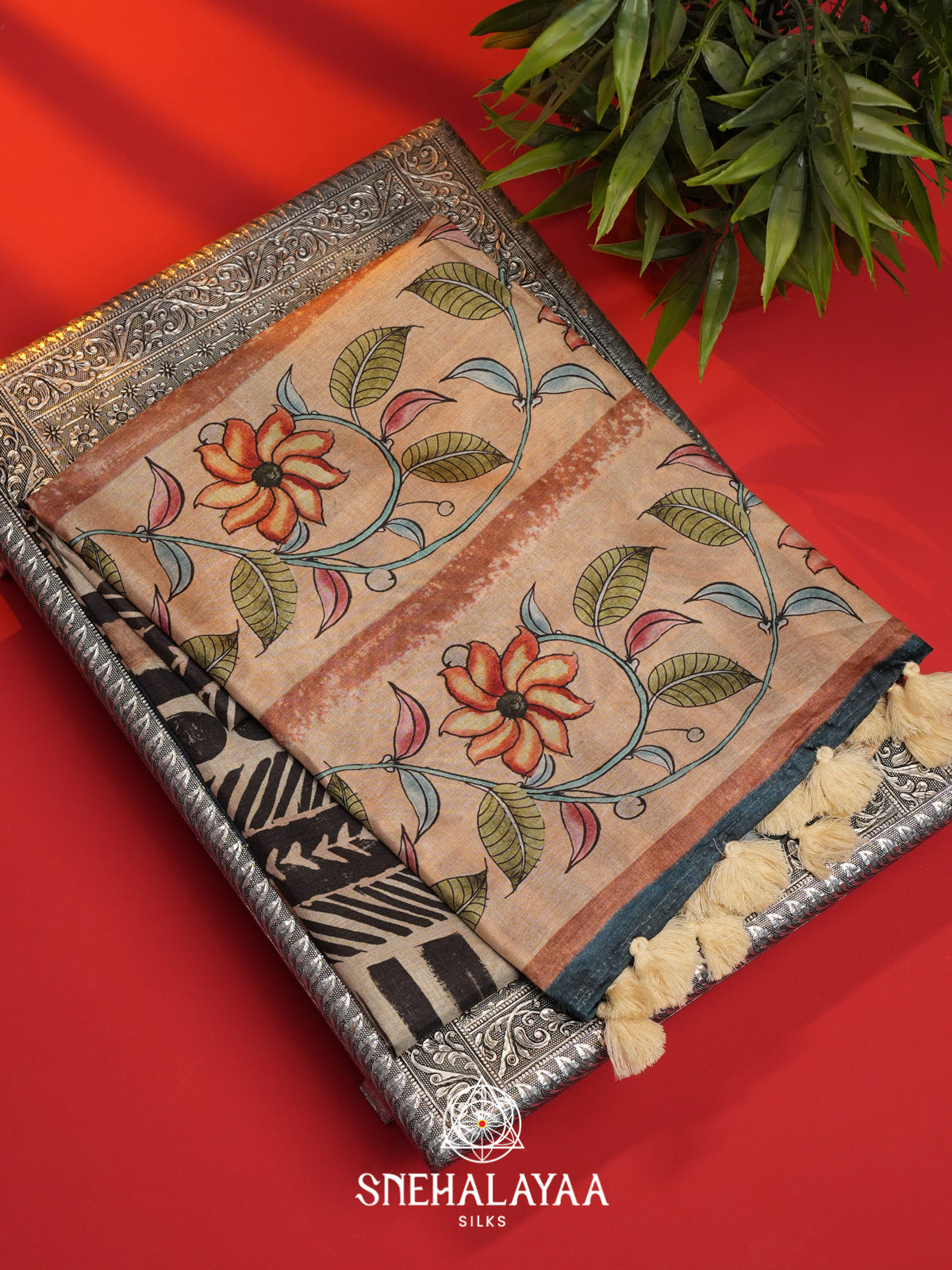 Cream with Black  Tussar Saree