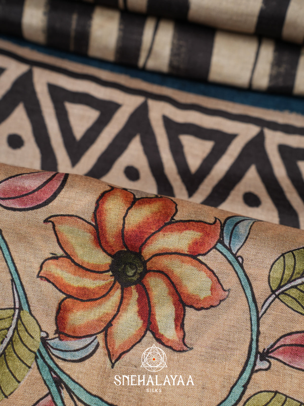 Cream with Black  Tussar Saree