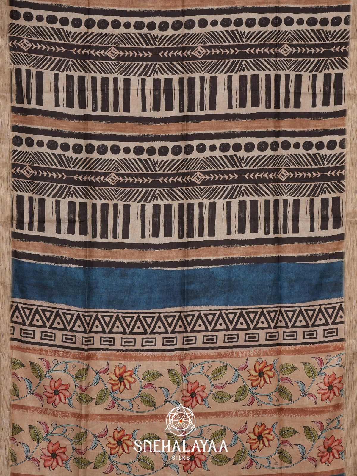 Cream with Black  Tussar Saree