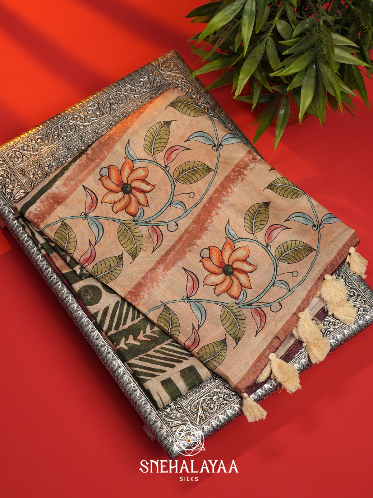 Cream with Olive Green  Tussar Saree