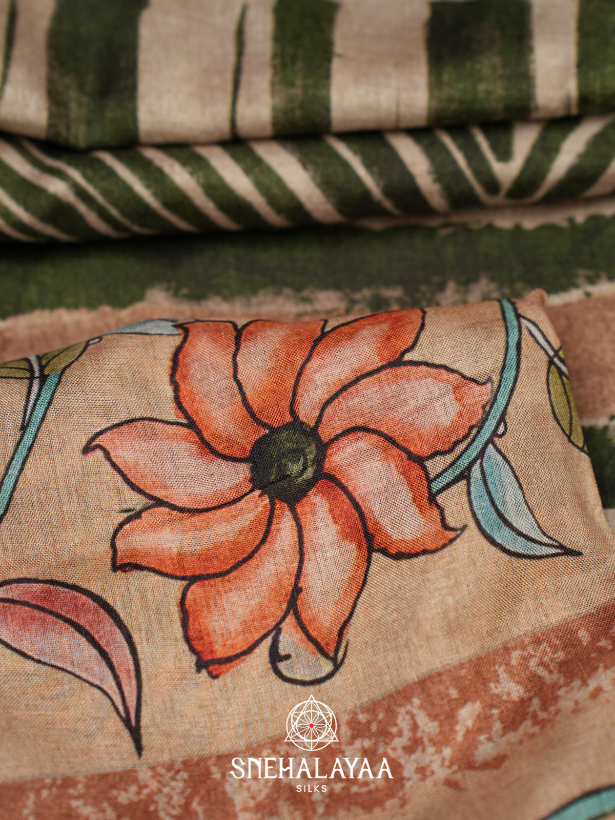 Cream with Olive Green  Tussar Saree