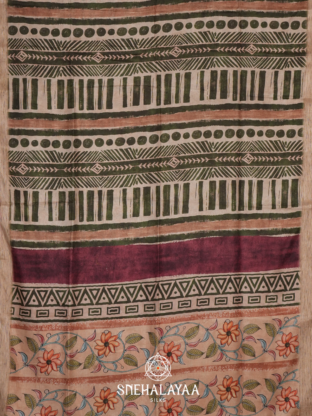 Cream with Olive Green  Tussar Saree
