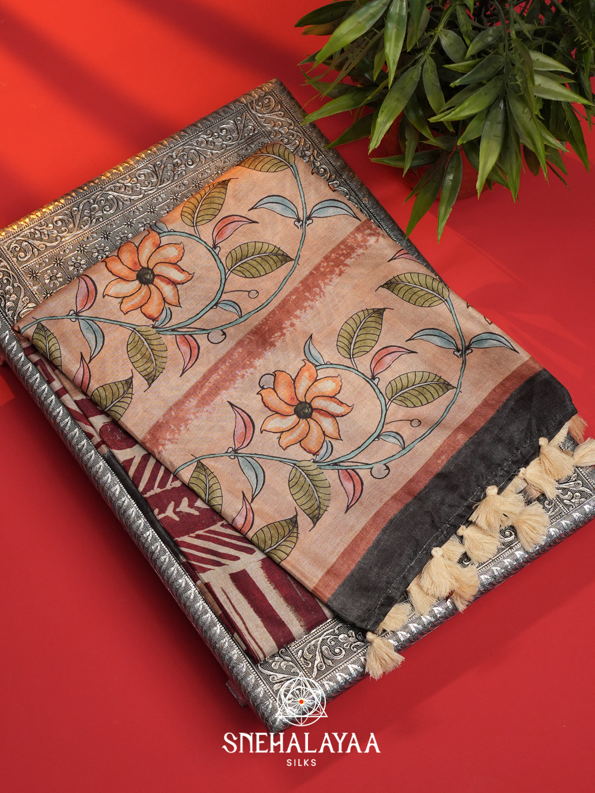 Cream with Maroon  Tussar Saree