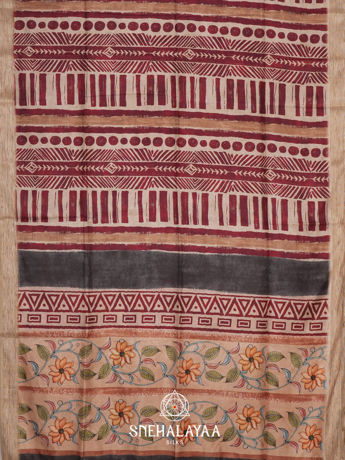 Cream with Maroon  Tussar Saree