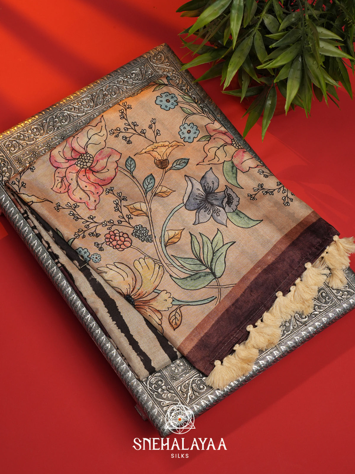 Cream with Black  Tussar Saree