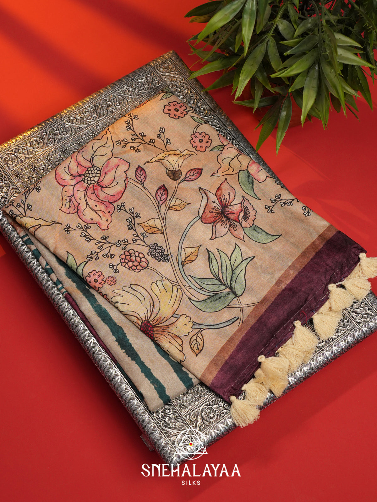 Cream with Teal  Tussar Saree