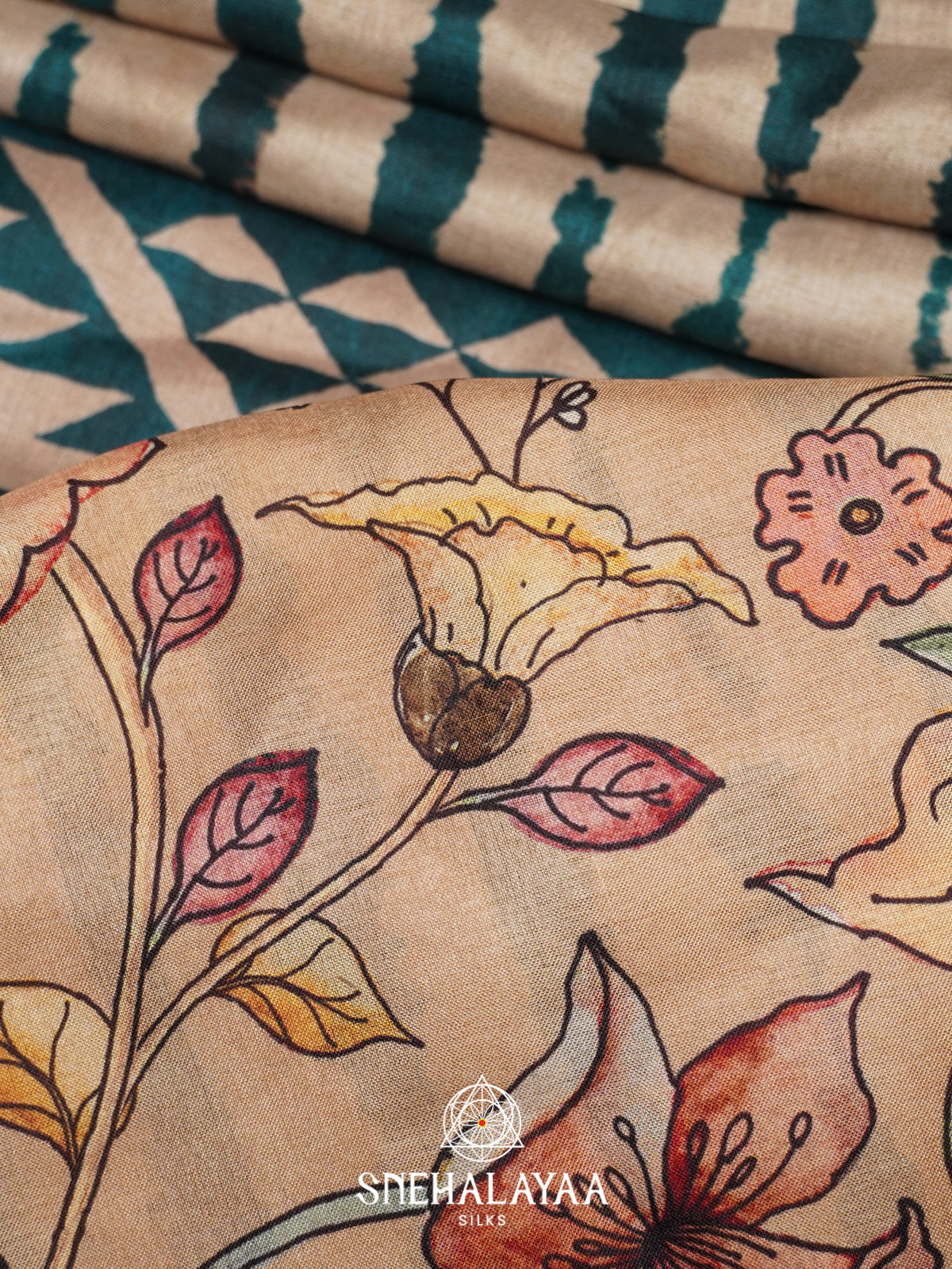 Cream with Teal  Tussar Saree