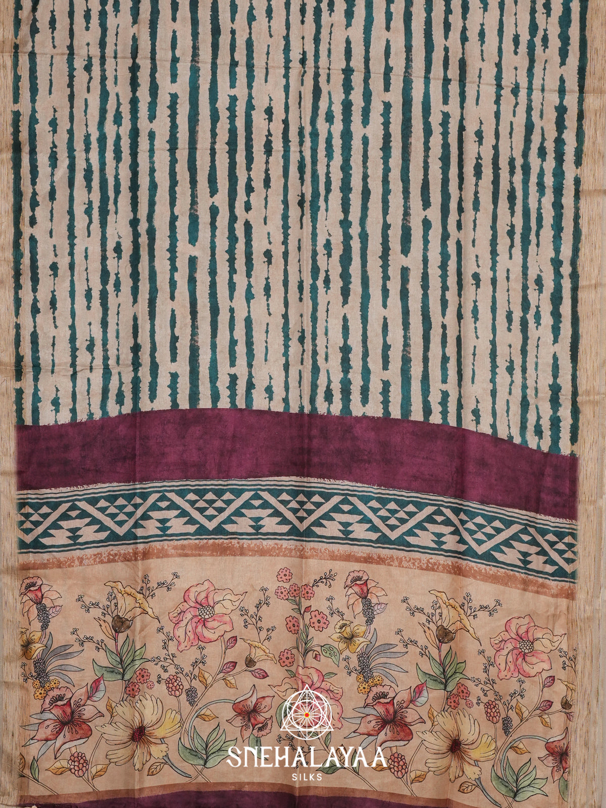 Cream with Teal  Tussar Saree