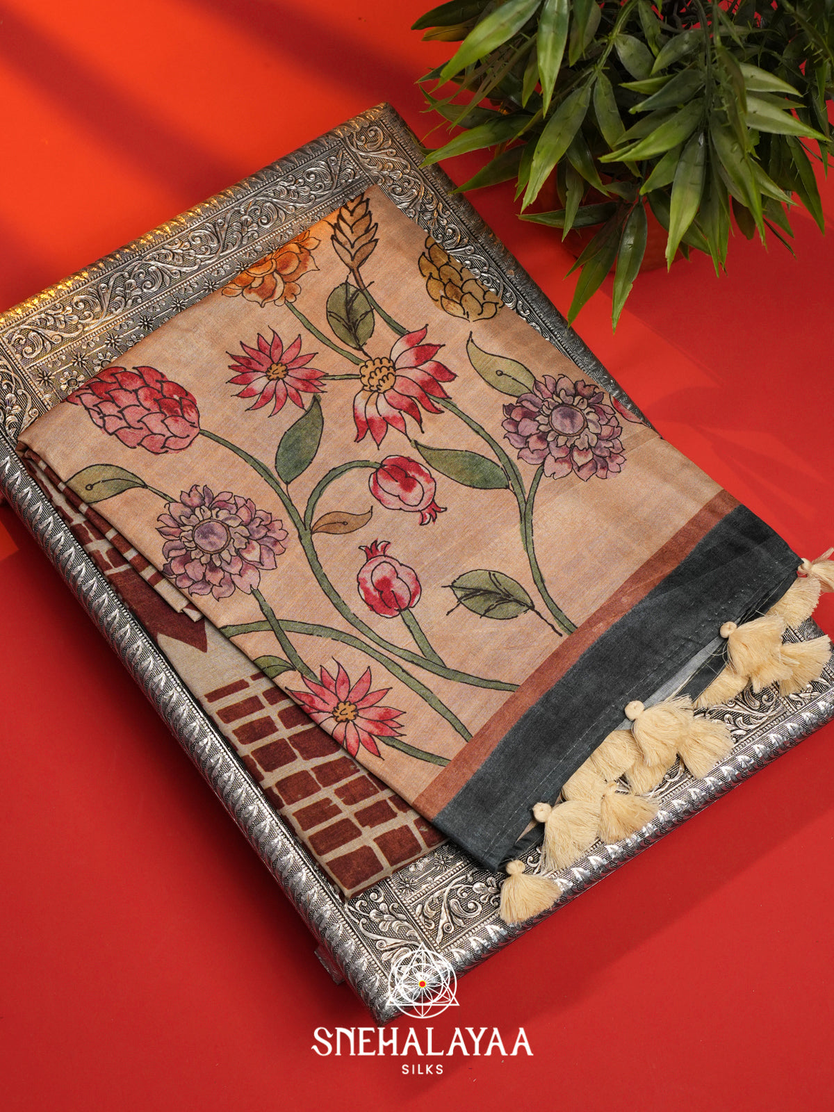 Beige with Brown    Tussar Saree