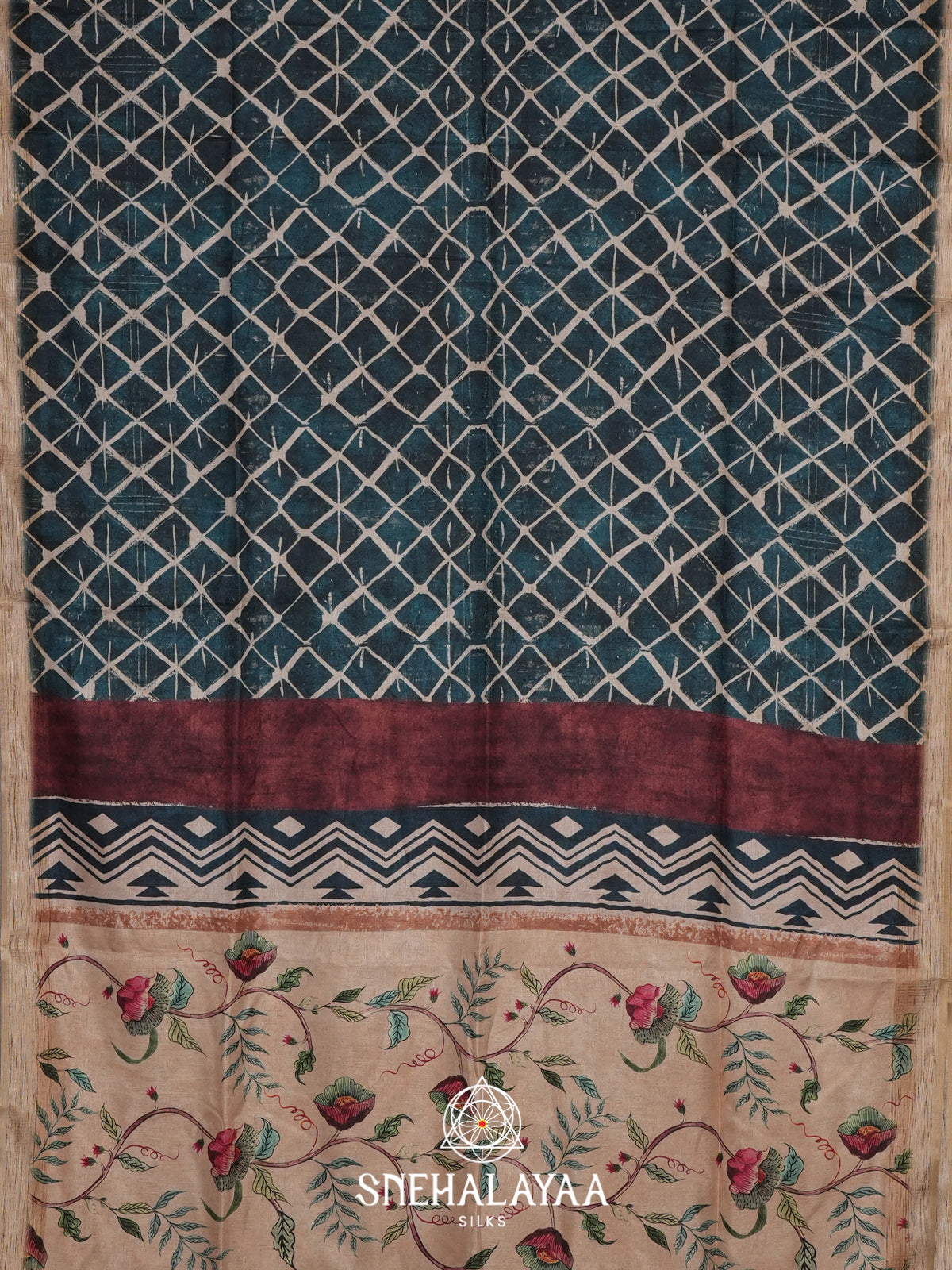 Beige with Teal Blue  Tussar Saree