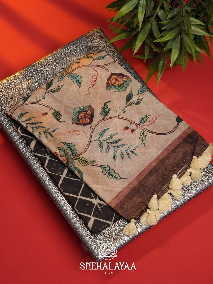 Beige with Brown  Tussar Saree