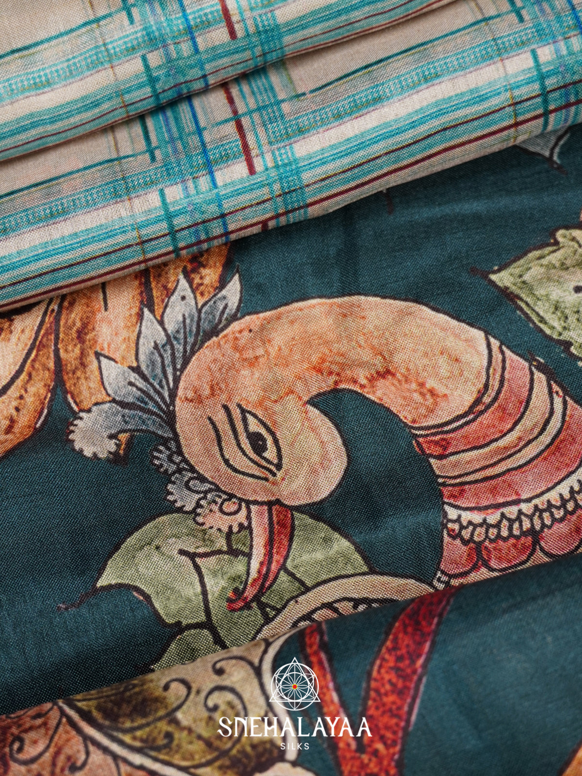 White with Teal Green  Tussar Saree