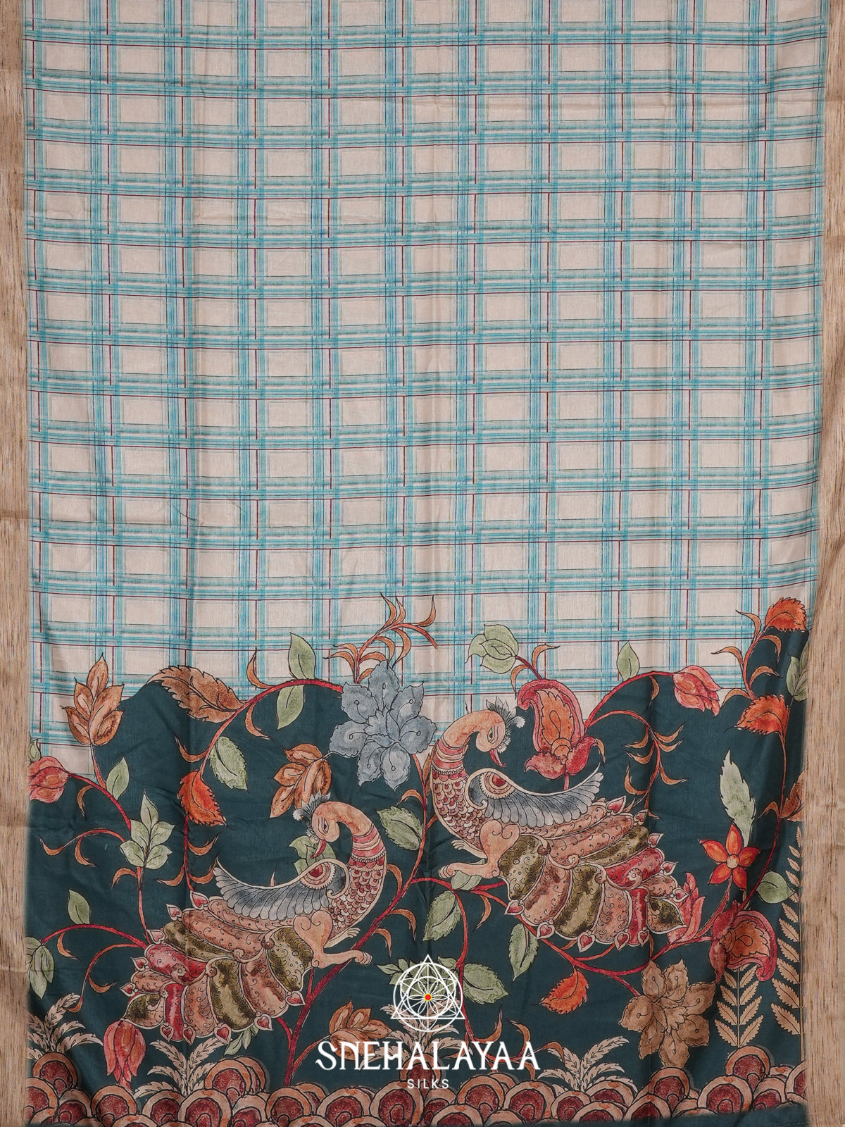 White with Teal Green  Tussar Saree