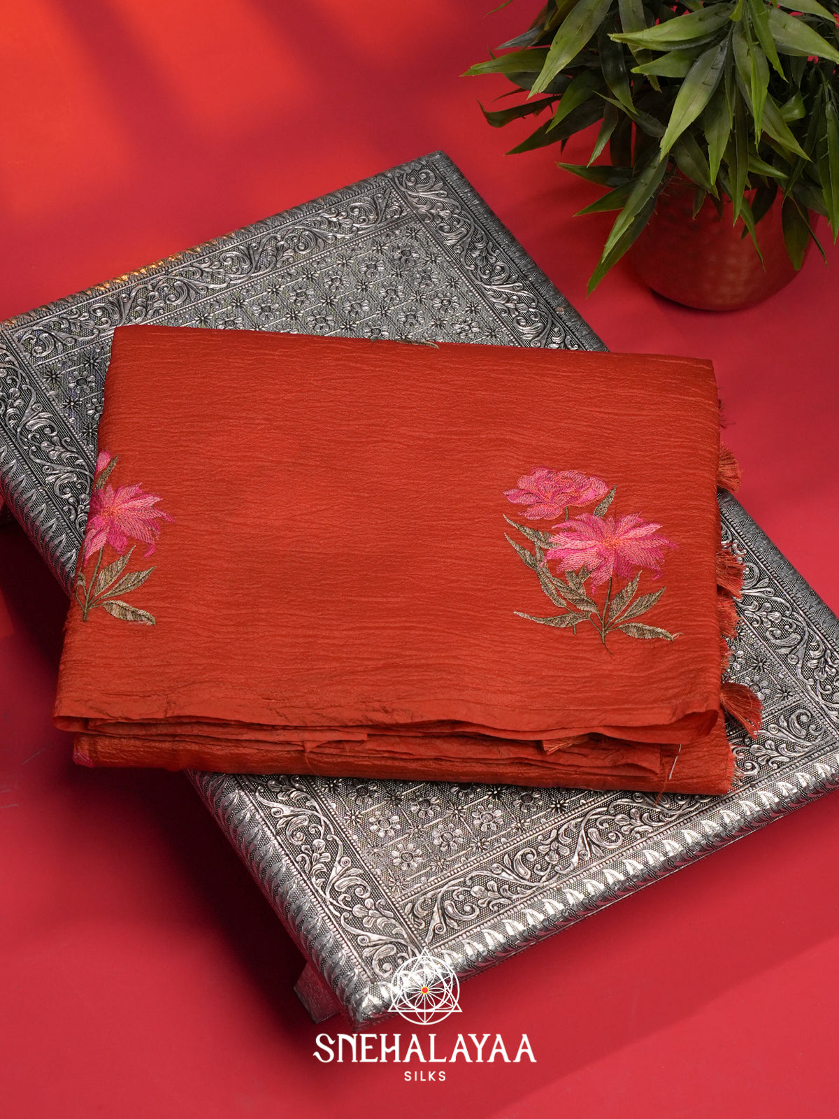 Orange Crushed Tissue Saree