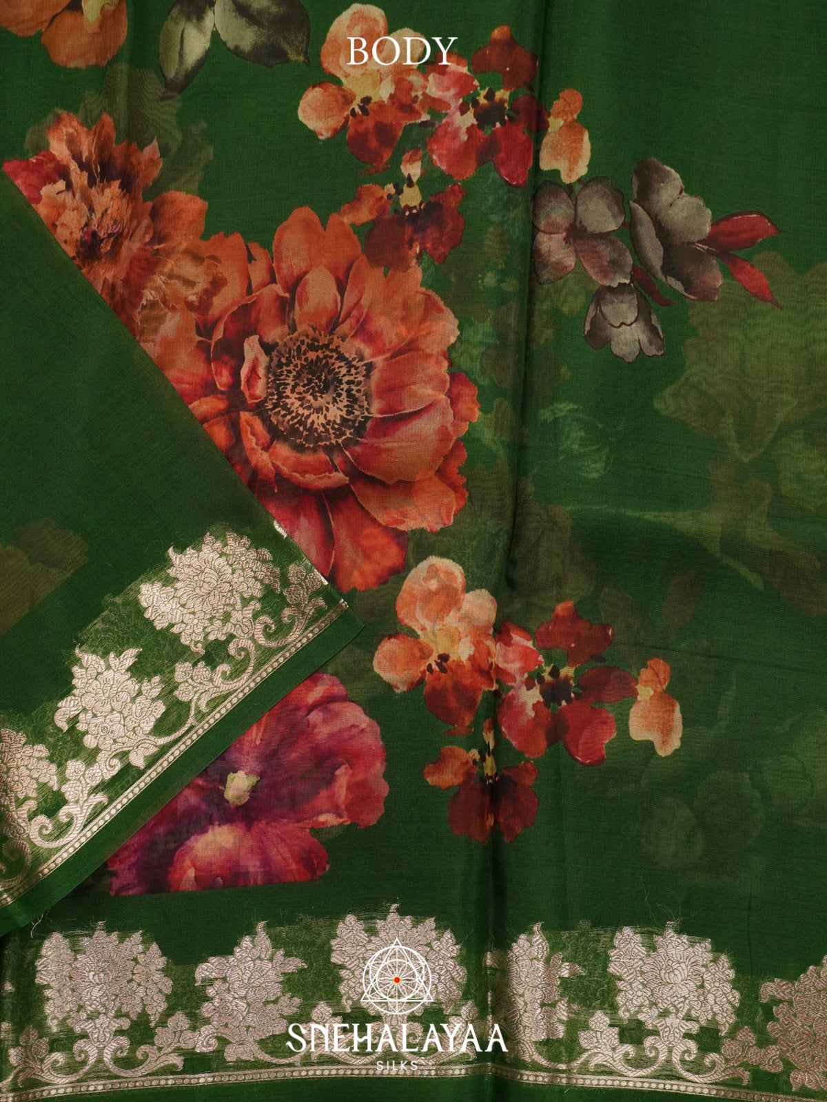 Green Floral Printed Kora Saree