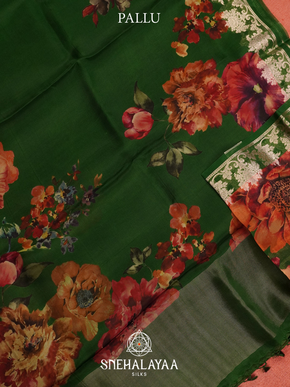 Green Floral Printed Kora Saree