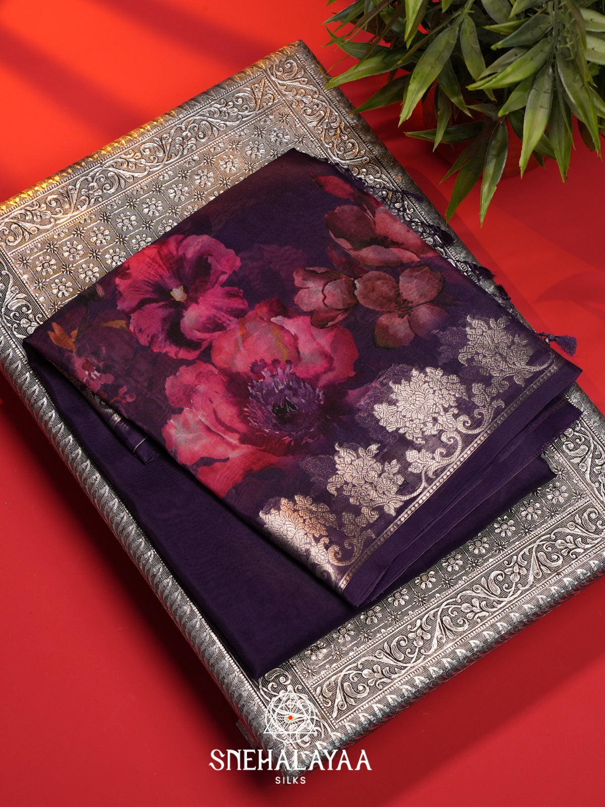 Purple Floral Printed Kora Saree