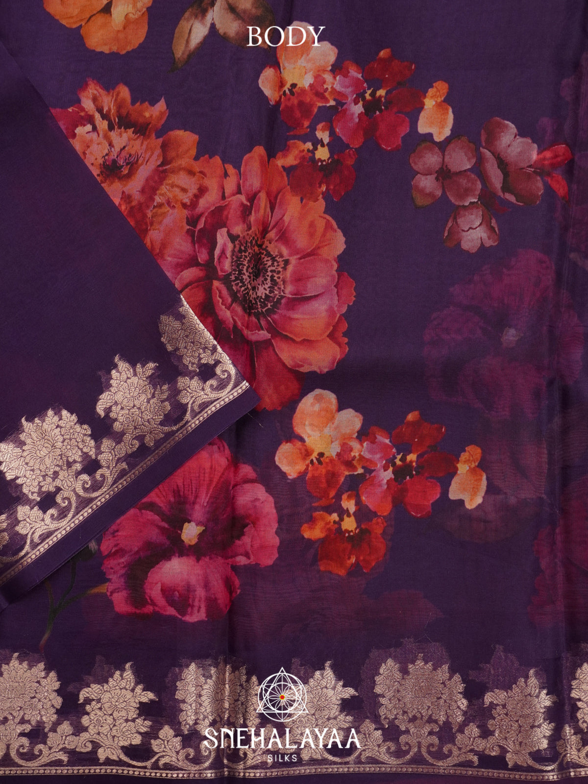 Purple Floral Printed Kora Saree