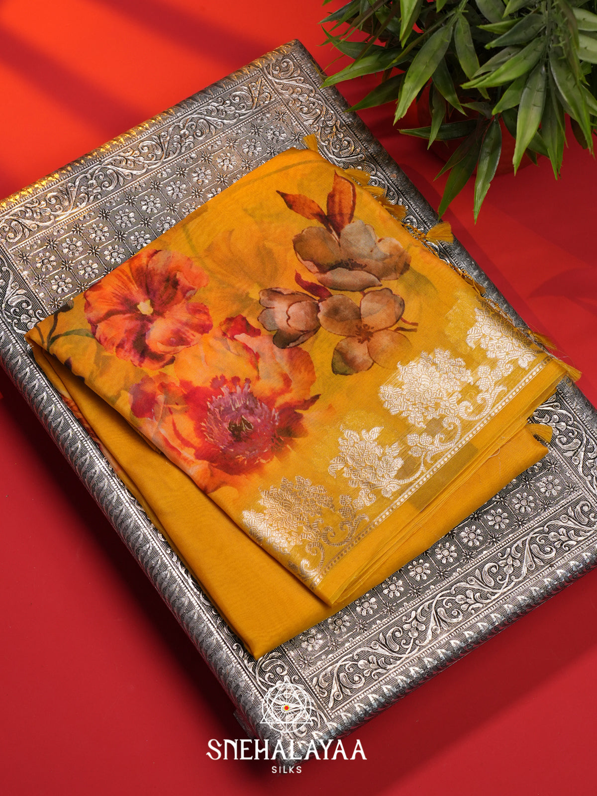 Yellow Floral Printed Kora Saree