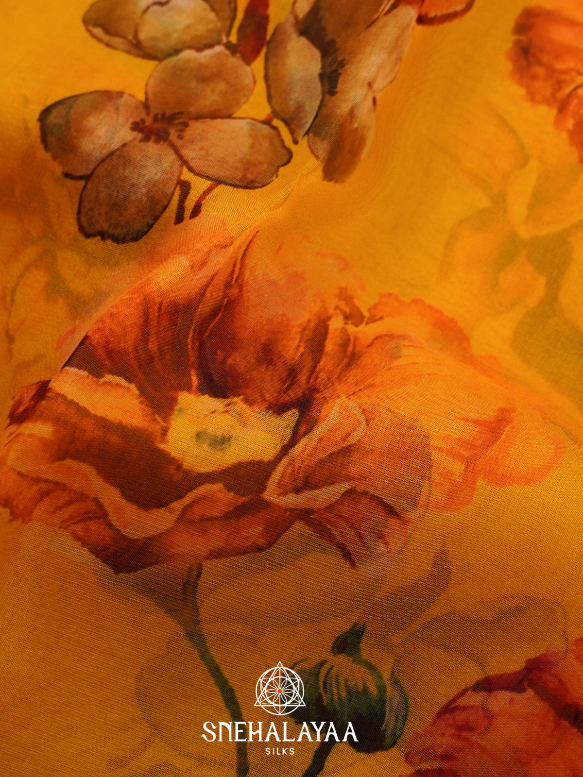 Yellow Floral Printed Kora Saree
