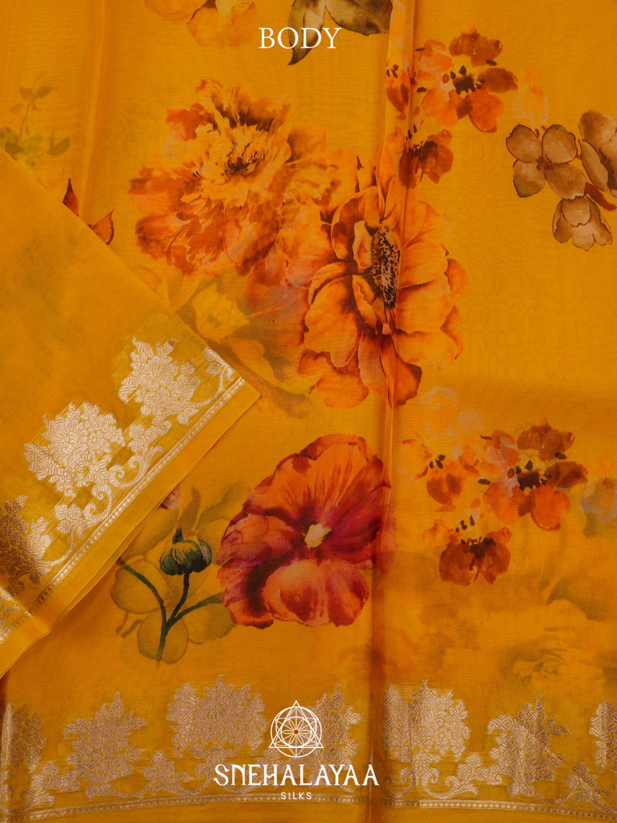 Yellow Floral Printed Kora Saree