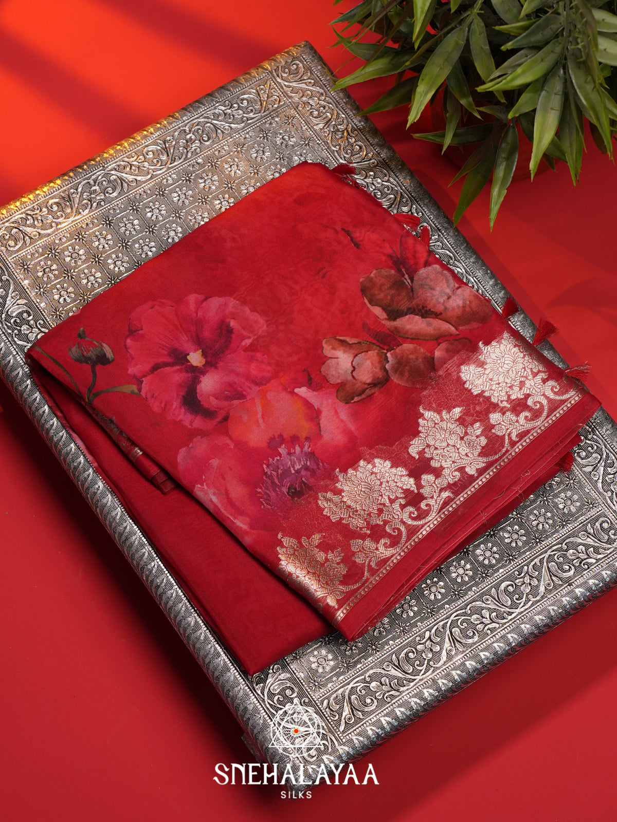 Red Floral Printed Kora Saree