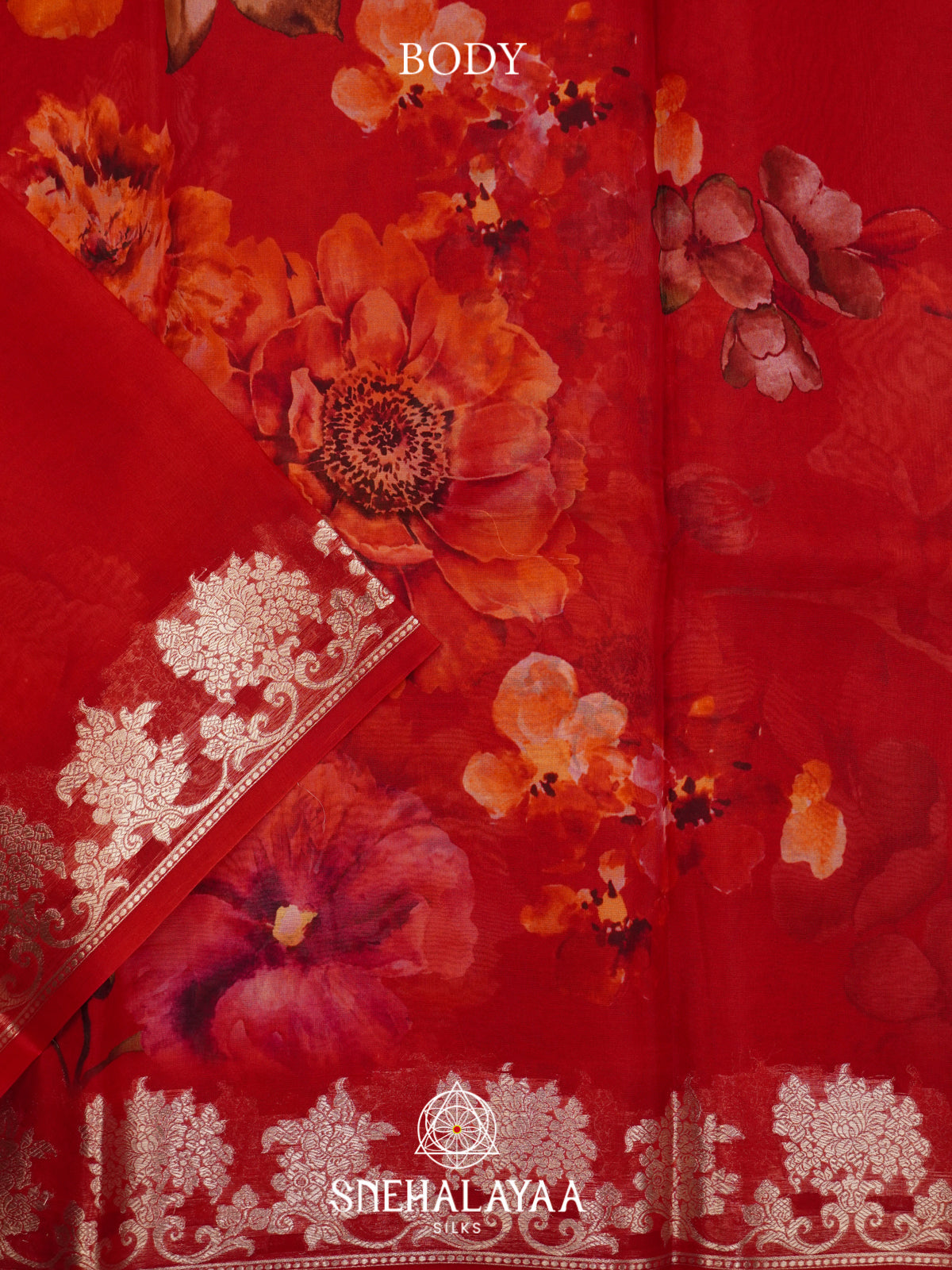 Red Floral Printed Kora Saree