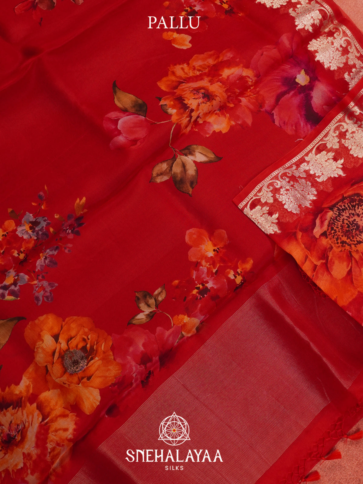 Red Floral Printed Kora Saree