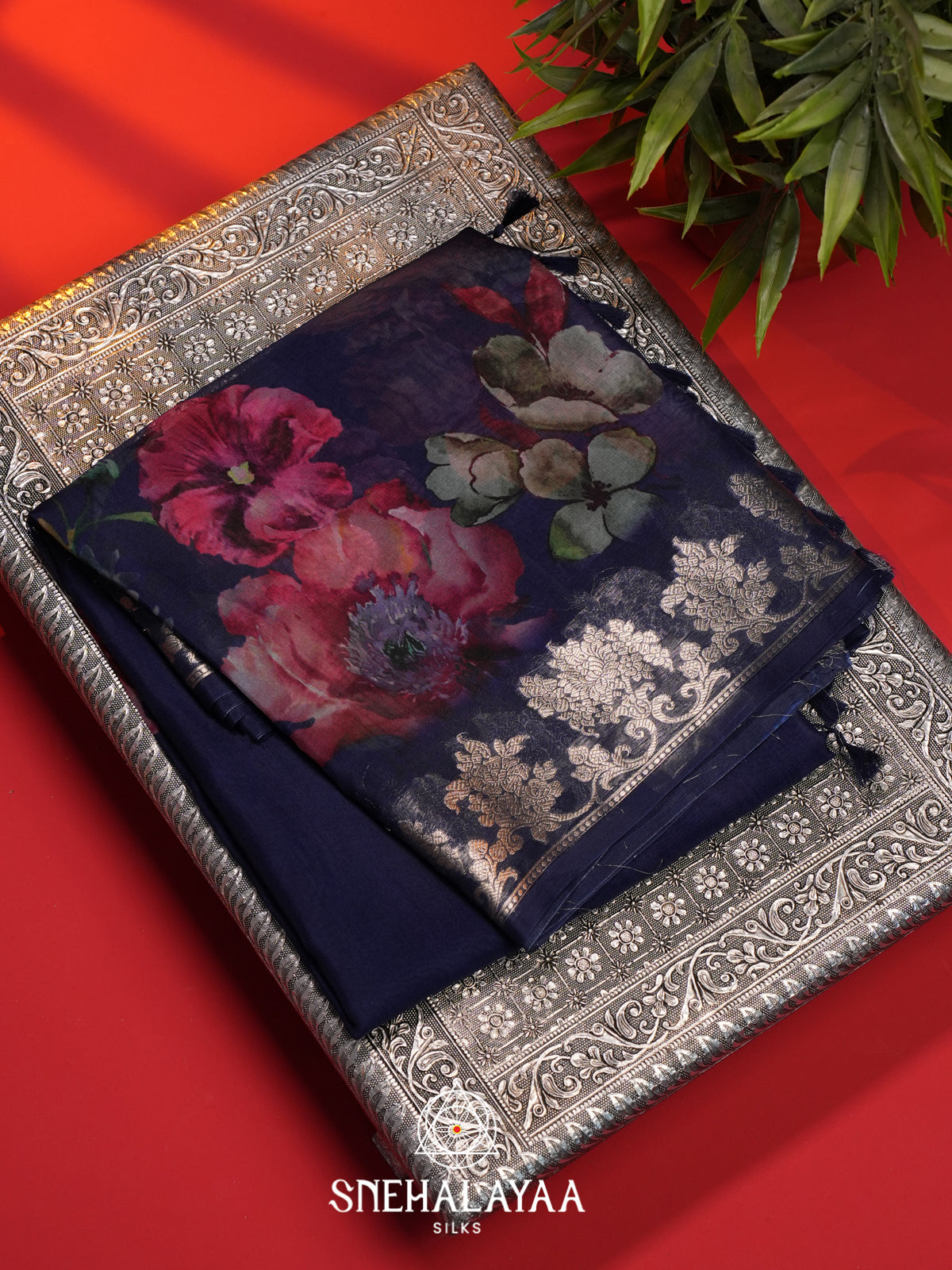 Blue Floral Printed Kora Saree