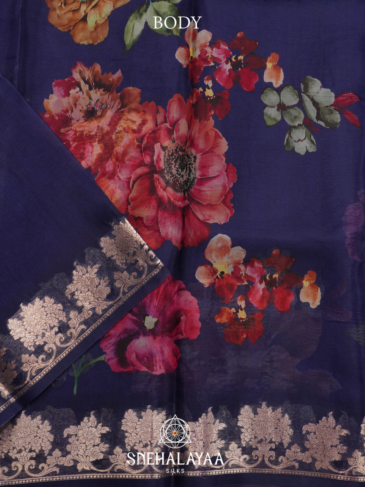 Blue Floral Printed Kora Saree