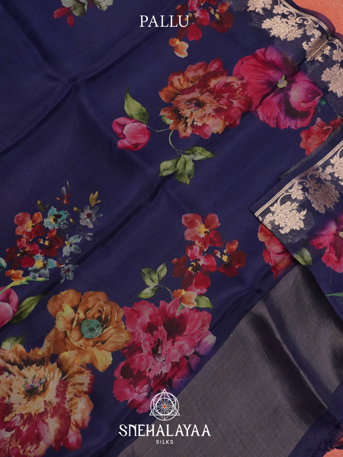 Blue Floral Printed Kora Saree