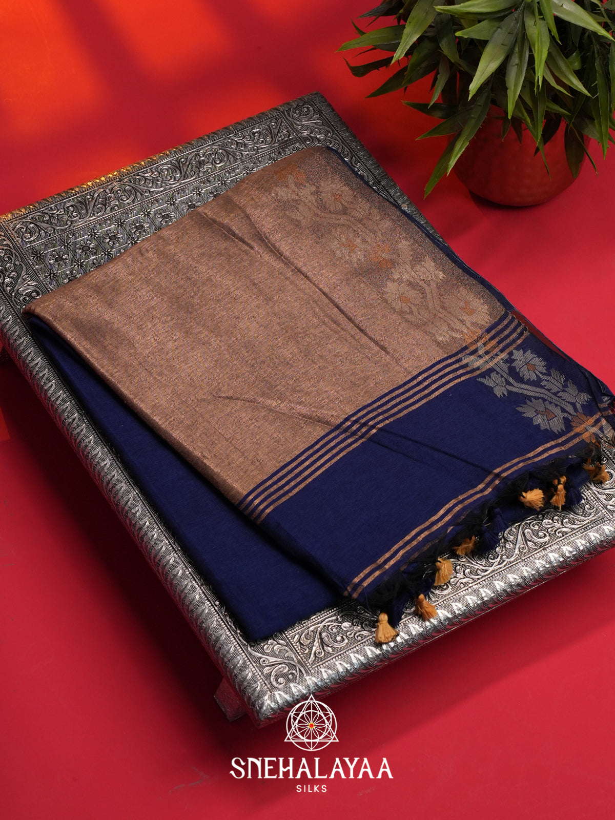 Navy Blue Mul Cotton Saree
