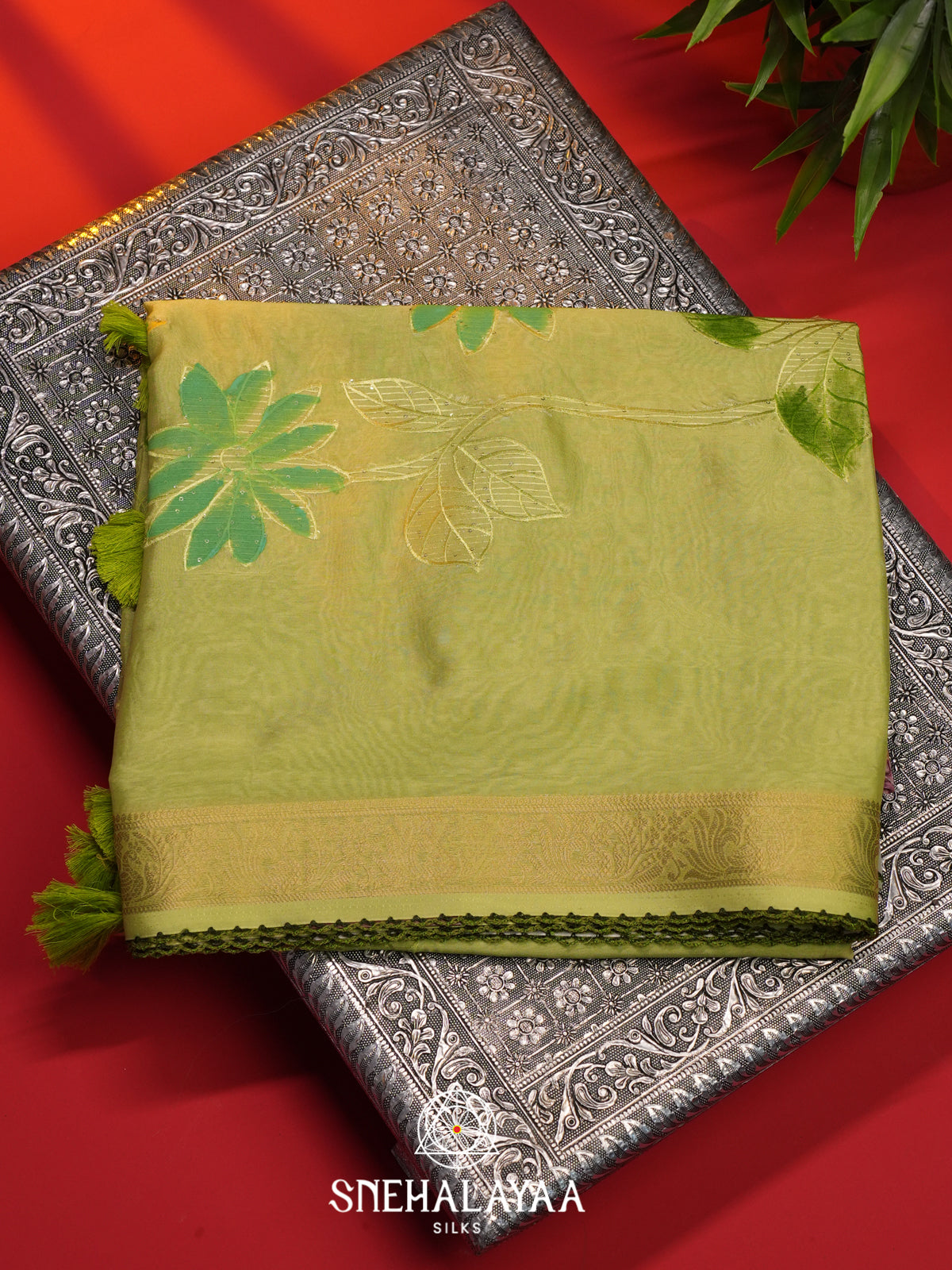 Olive Green  Semi Crepe Silk Saree