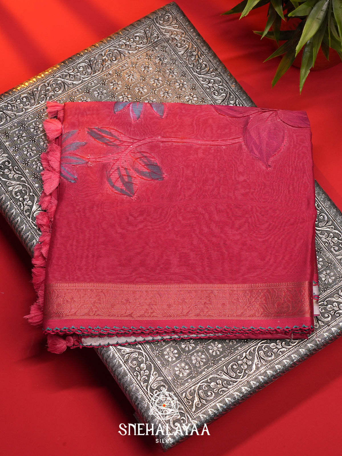 Pink  Semi Crepe Silk Saree