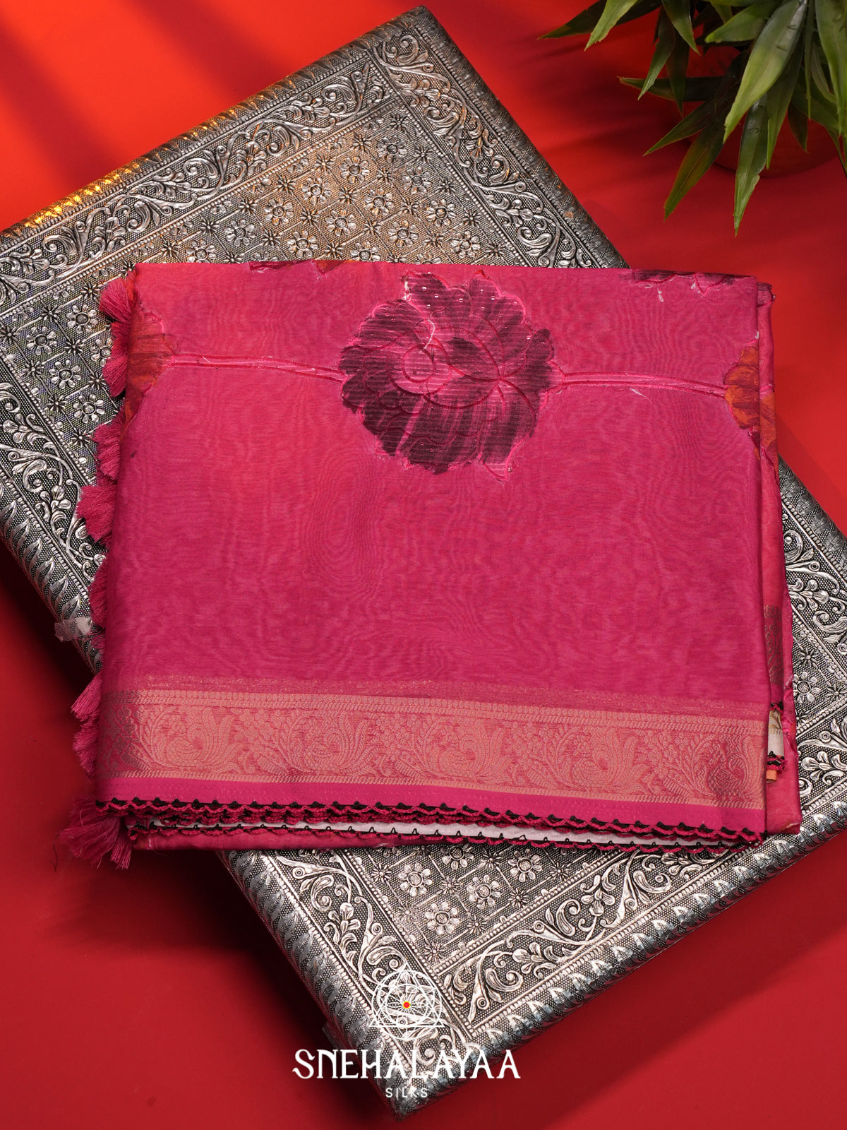 Pink  Semi Crepe Silk Saree
